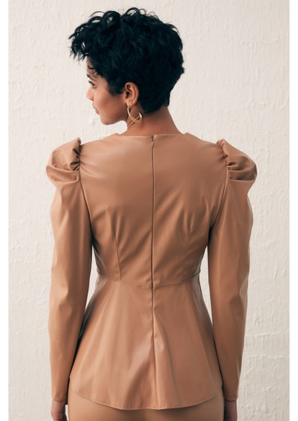 Kruvaze Deri Bluz - Camel fırsatları
