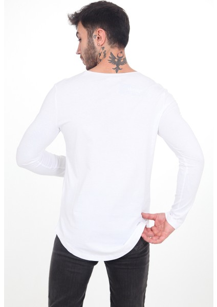 Erkek Kesik Yaka Oval Kesim Slimfit Uzun Kol Pamuk Basic T-Shirt