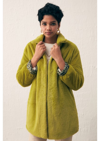 Leopar Astarlı Peluş Kaban - Yağ Yeşili indirimleri