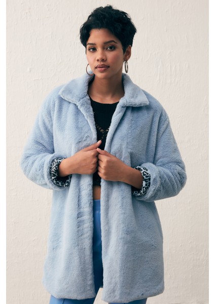 Leopar Astarlı Peluş Kaban - Bebe Mavi