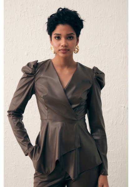 Kruvaze Deri Bluz - Koyu Kahve