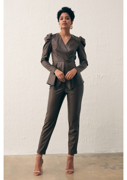 Kruvaze Deri Bluz - Koyu Kahve fırsatları