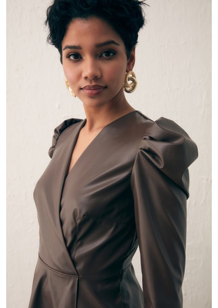 Kruvaze Deri Bluz - Koyu Kahve indirimleri