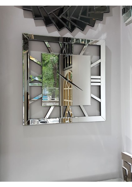 Square Silver Model Gümüş Renk 70 Cm x 70 Cm Dekoratif Aynalı Duvar Saati modelleri