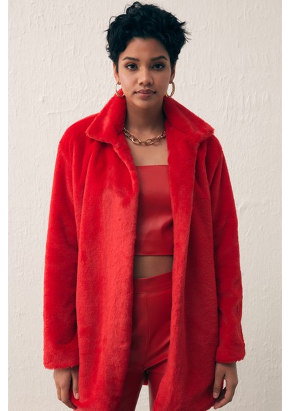 Leopar Astarlı Peluş Kaban - Kırmızı