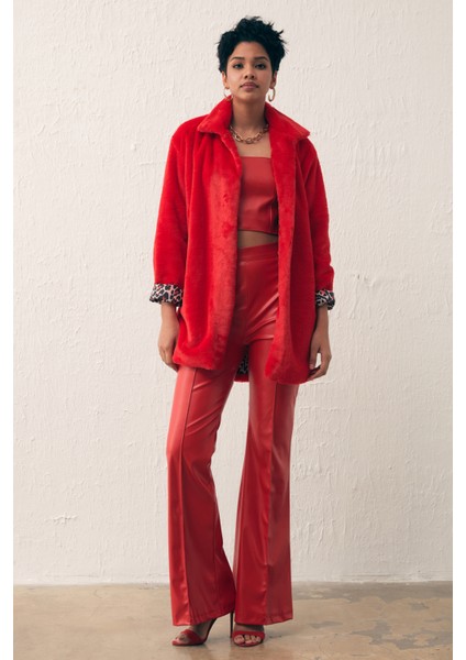 Leopar Astarlı Peluş Kaban - Kırmızı modelleri