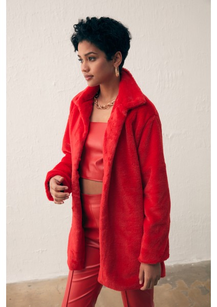 Leopar Astarlı Peluş Kaban - Kırmızı fırsatları