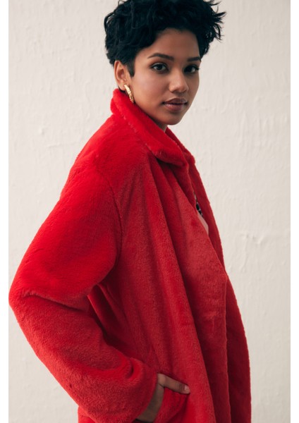 Leopar Astarlı Peluş Kaban - Kırmızı indirimleri