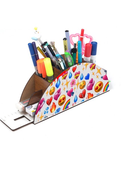 Ahşap Renkli Emoji Gökkuşağı Cetvelli Masaüstü Kalemlik Kutu Çocuklar Için Organizer GK84