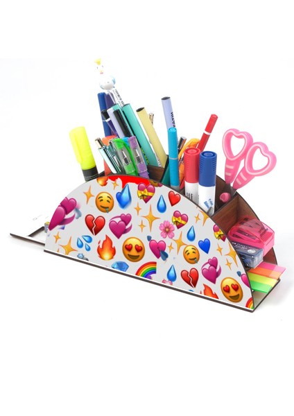 Ahşap Renkli Emoji Gökkuşağı Cetvelli Masaüstü Kalemlik Kutu Çocuklar Için Organizer GK84
