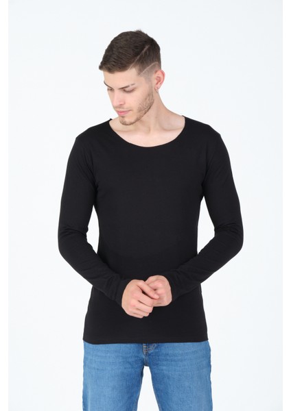 Siyah Kesik Yaka Uzun Kol %100 Pamuk Basic T-Shirt