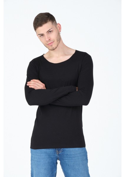 Siyah Kesik Yaka Uzun Kol %100 Pamuk Basic T-Shirt modelleri
