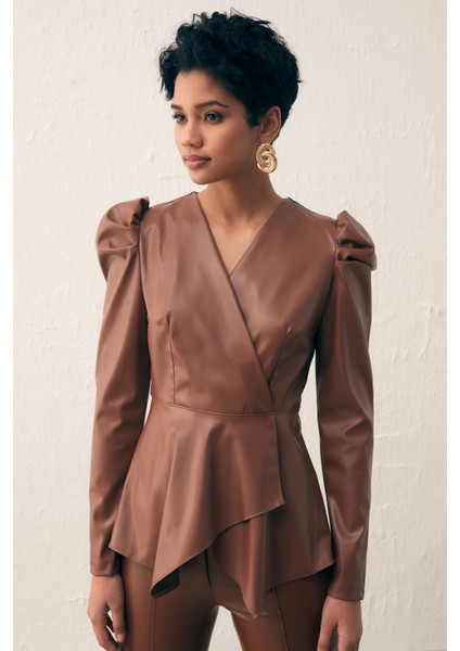 Kruvaze Deri Bluz - Kahve