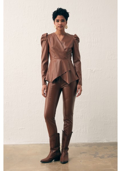 Kruvaze Deri Bluz - Kahve modelleri