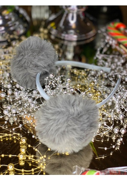 Saten Gümüş Gri Büyük Tüylü Peluş Ponponlu Taç Çocuk Tacı Pon Pon