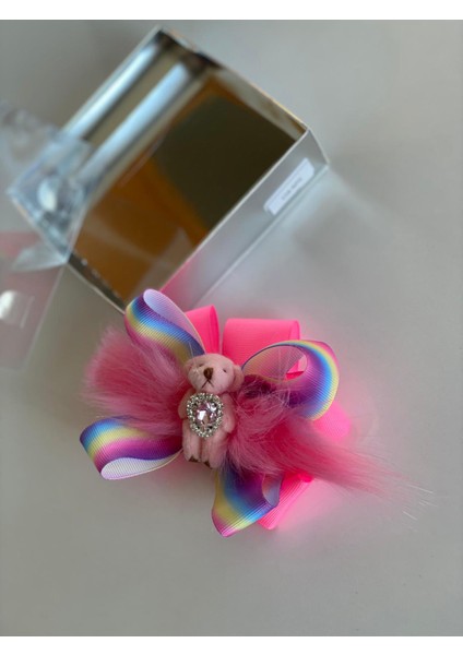 Neon Pembe Gökkuşağı Ayıcık Süslü Kız Çocuk Bebek Doğum Günü Hediye Klipsli Toka