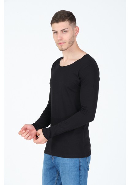 Siyah Kesik Yaka Uzun Kol %100 Pamuk Basic T-Shirt