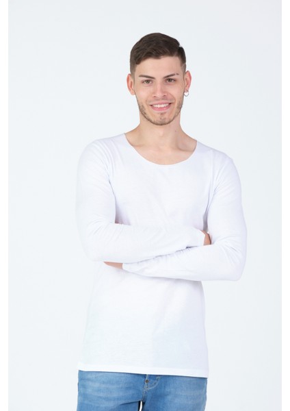 Siyah Kesik Yaka Uzun Kol %100 Pamuk Basic T-Shirt