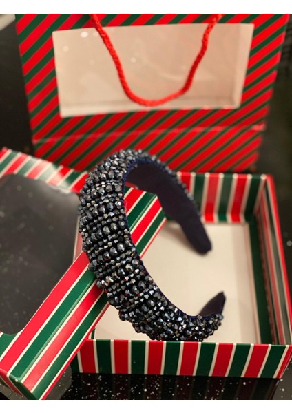 Yılbaşı Özel Gün Lüks Kristal Taş Kaplamalı Kadın Tacı Taşlı Taç Hediye Kutulu Kına Nişan Lacivert