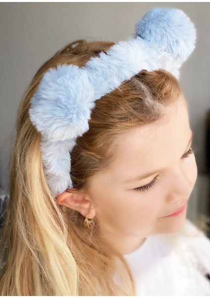 Peluş Pofuduk Tüylü Pon Pon Çocuk Tacı Ponpon Taç Buz Mavi