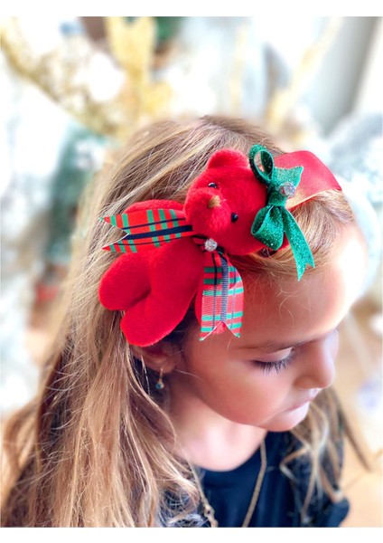 Yeni Yıl Yılbaşı Özel Tasarım Lüks Hediye Kutulu Kırmızı Saten Noel Peluş Ayıcık Taşlı Taç