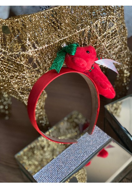 Yeni Yıl Yılbaşı Özel Tasarım Lüks Hediye Kutulu Kırmızı Saten Noel Peluş Ayıcık Taşlı Taç fırsatları