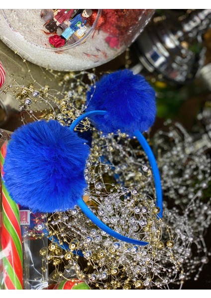 Saks Mavi Büyük Tüylü Peluş Ponponlu Saten Taç Çocuk Tacı Pon Pon fırsatları