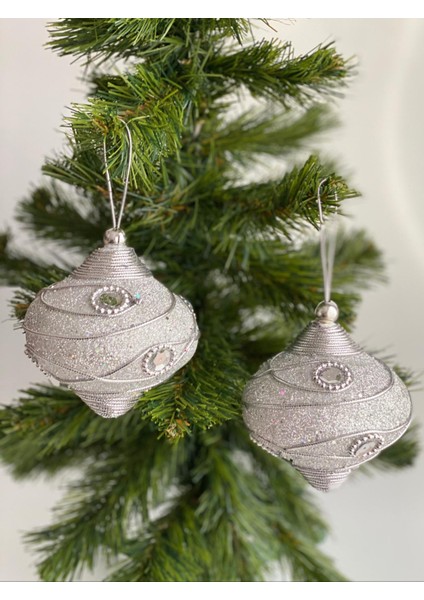 Yeni Yıl Yılbaşı Özel Lüks Otantik Işlemeli Motifli Simli Taşlı Büyük Çam Ağacı Süsü 2 Li Gümüş Gri