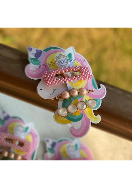 Trend Moda Yeni Taşlı Parlak Incili Pembe Yan Toka Set