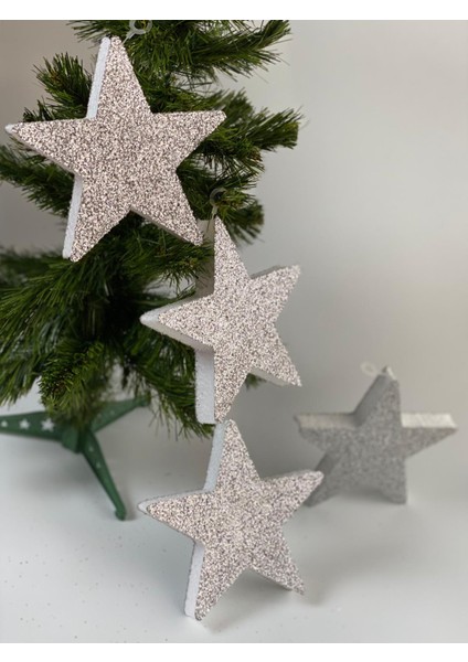 Yılbaşı Özel 4 Lü Simli Yıldız Yeni Yıl Doğumgünü Kapı Duvar Süsü Gümüş Gri