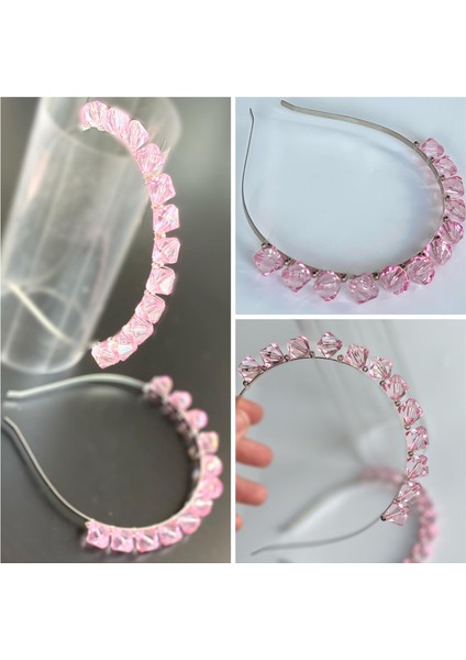 Pembe Şeker Kristal Kesme Sıra Taşlı Metal Taç