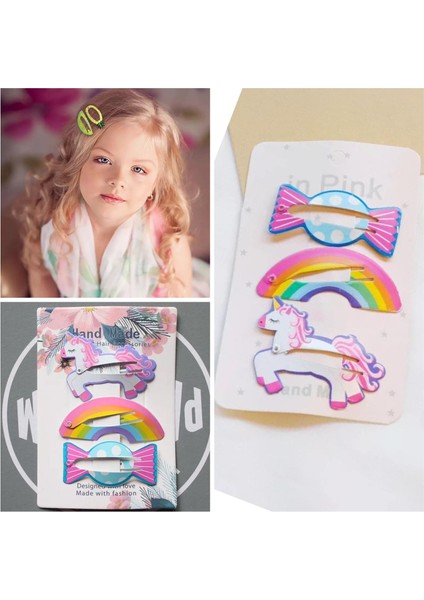 Unicorn Gökkuşağı Şeker 3 Lü Metal Çıtçıt Çocuk Tokası