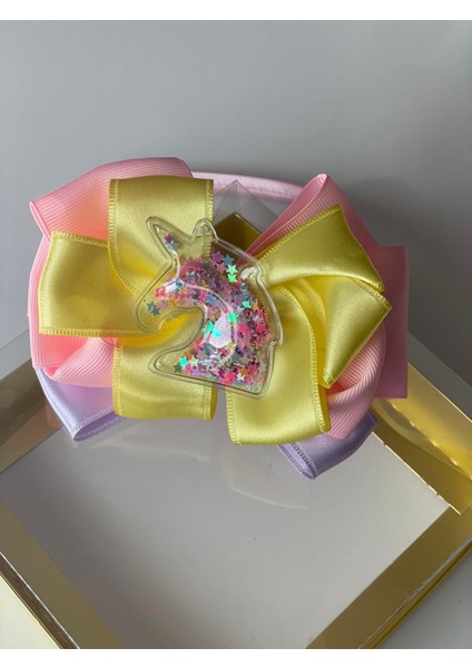 Ince Pembe Saten Taçlı Şeffaf Parlak Pullu Renkli Unicorn Süslü Soft Pembe Şila Sarı Fiyonk Kurdeleli Anne Kız Çocuk Bebek Tacı