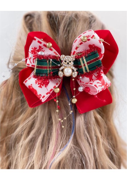 Lüks Özel Tasarım Kırmızı Kadife Fiyonk Metal Ayıcık Broşlu Inci Yetişkin Çocuk Tokası Klipsli Toka