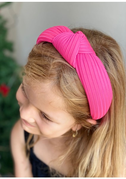 Yeni Trend Süngerli Düğümlü Taç Kadın Çocuk Tacı Çizgili Neon Pembe