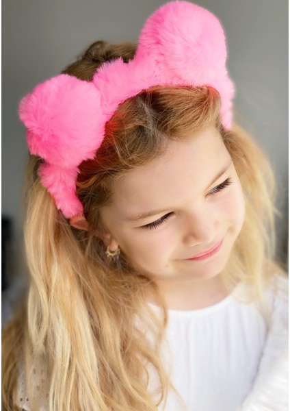 Peluş Pofuduk Tüylü Pon Pon Çocuk Tacı Ponpon Taç Neon Pembe