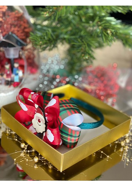 Özel Kutusunda Hediye Noel Baba Simli Ekose Lüks Kadife Taç Kristal Zümrüt Yeşili