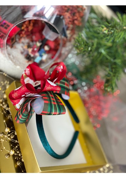 Özel Kutusunda Hediye Noel Baba Simli Ekose Lüks Kadife Taç Kristal Zümrüt Yeşili