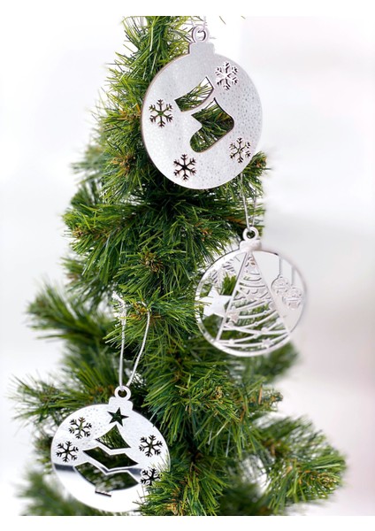 Yılbaşı Christmas Lüks 3lü Aynalı Ahşap Pleksi Büyük Çam Ağacı Dekorasyon Süsü Noel Gümüş