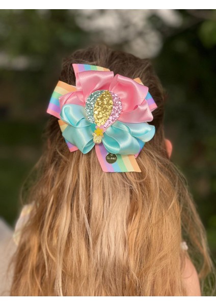 Lüks Rengarenk Gökkuşağı Simli Balonlu Fiyonklu Yetişkin Çocuk Tokası Metal Klipsli Toka