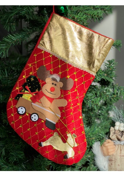 Ithal Lüks Dev Yeni Yıl Yılbaşı Çorabı Kadife Geyik 3boyutlu Çorap Hediye Poşeti Kese Altın