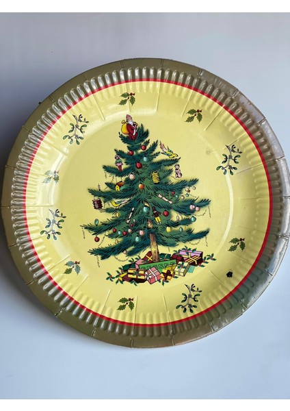 Ithal Yeni Yıl Yılbaşı Lüks Sofra Sunum Süslü Çam Ağacı Hediye Desenli Karton Tabak 10LU Büyük