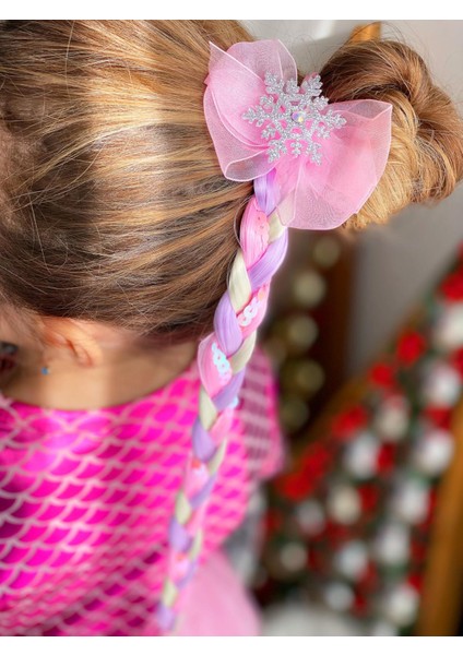 Elsa Anna Frozen Karlar Ülkesi Simli Taşlı Kar Tanesi Örgü Takma Postiş Çocuk Saçı Pullu Lila Pembe