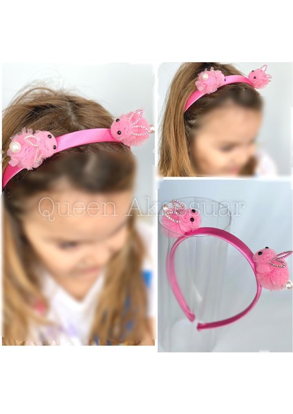 Sevimli Pembe Pon Pon Tavşanlı Taşlı Incili Saten Çocuk Tacı