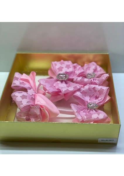 Pembe Kristal Taşlı Yıldızlı Fiyonk Saten Taç Toka Mini Toka 4 Lü Luxury Set fiyatları