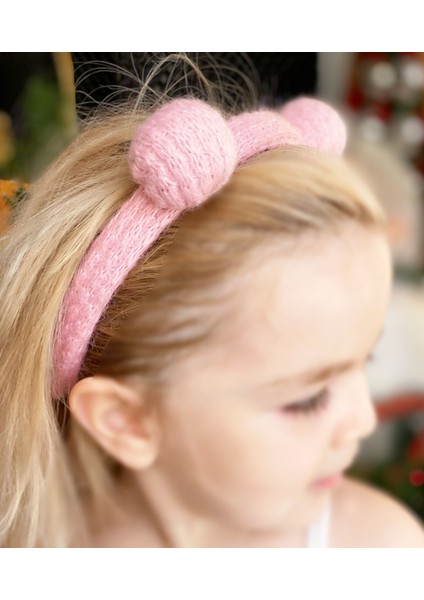 Mini Örgü Yünlü Ponpon Bebek Çocuk Tacı Pon Pon Taç Örme Pembe