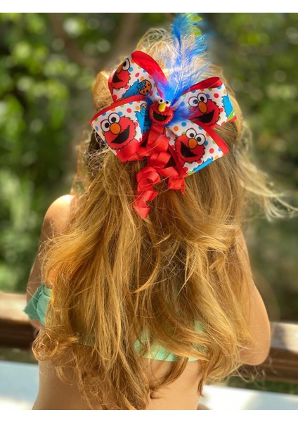 Trend Moda Susam Sokağı Kırmızı Elmo Tüylü Fiyonk Okul Tokası Metal Klipsli