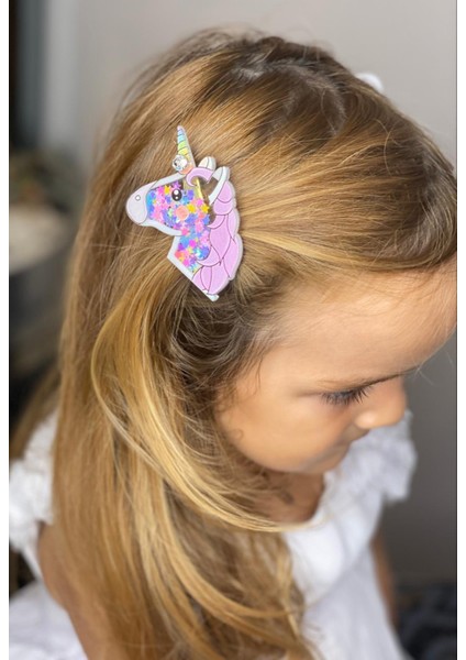 3D Pleksi Pullu Taşlı 3 Boyut Büyük Unicorn Çocuk 2 Li Pensli Toka Set