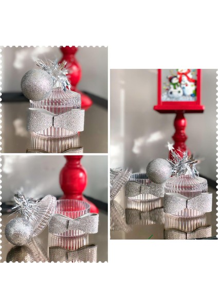 Yeni Yıl Yılbaşı Lüks Süslü Hediyelik Şeker Sunum Kutusu Dekorasyon Şekerlik Gümüş Gri Tek Adet