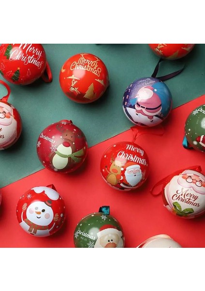 Yeni Yıl Yılbaşı Metal Kutu Çam Ağacı Süsü Topu Sürpriz Hediye Kutusu Noel Baba Kardan Adam Desenli